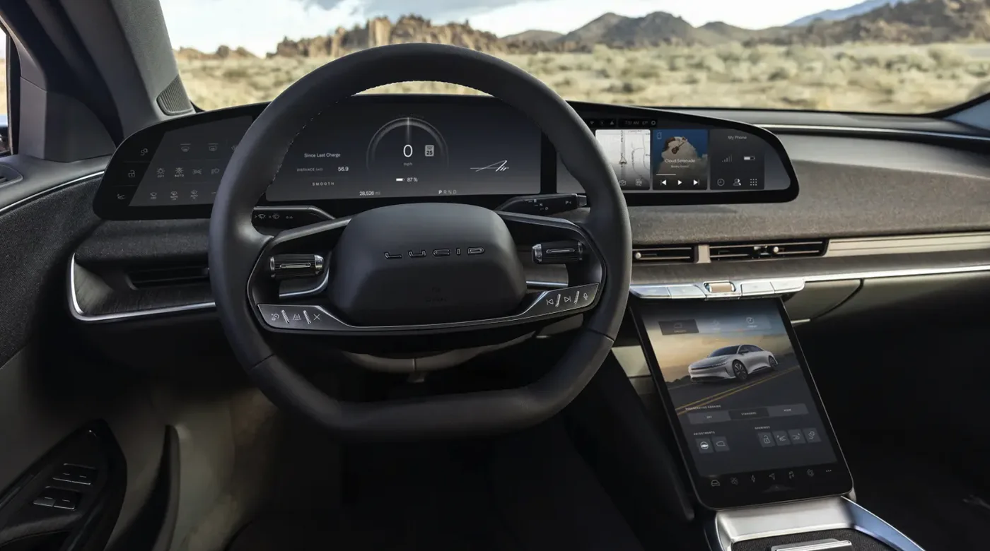Lucid Air cockpit with the curved cockpit panel and centre pilot panel running Air UX 3.0