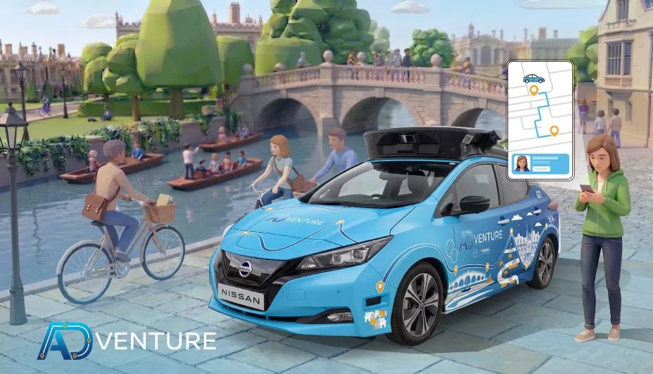 Nissan ADventure autonomous LEAF illustrated on a Cambridge street