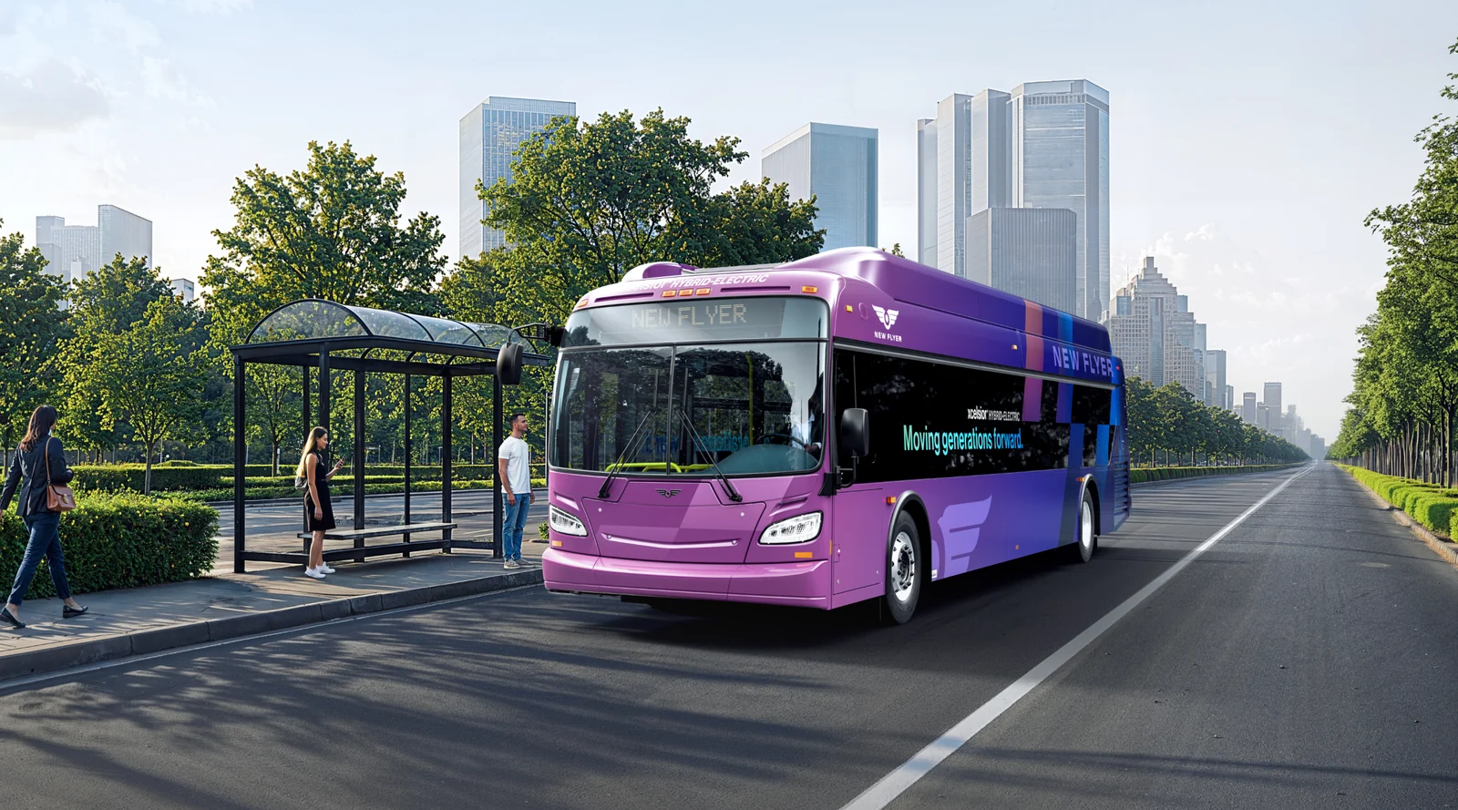 A New Flyer Xcelsior hybrid-electric transit bus pulling up to a city bus stop.