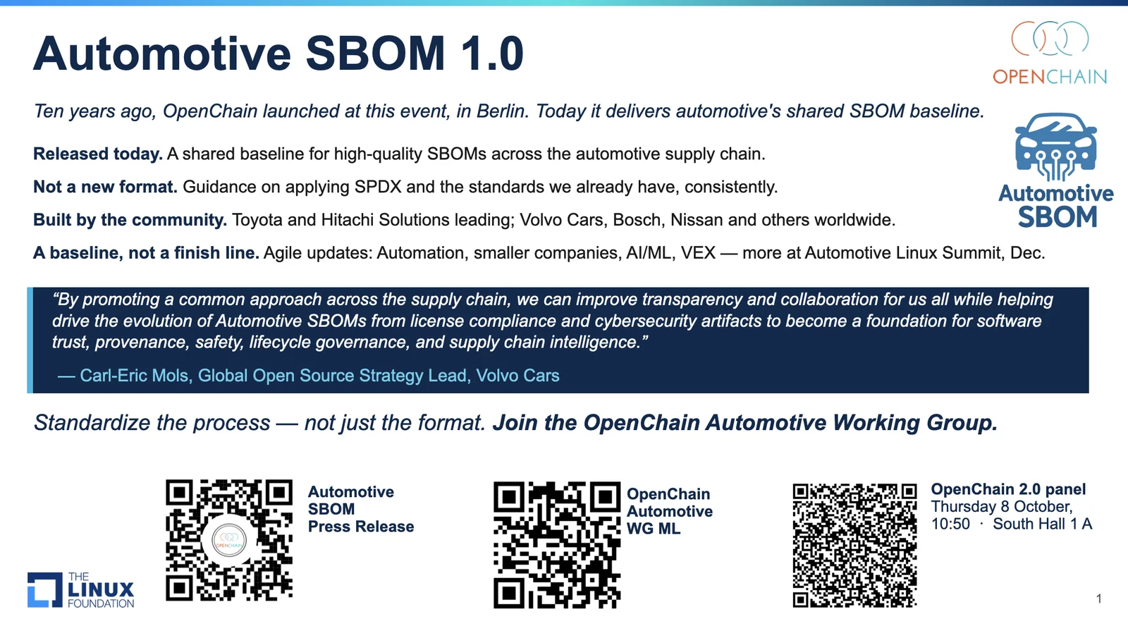 Announcement slide for the OpenChain Automotive SBOM Framework 1.0, listing the release, its basis in SPDX and its contributing companies.